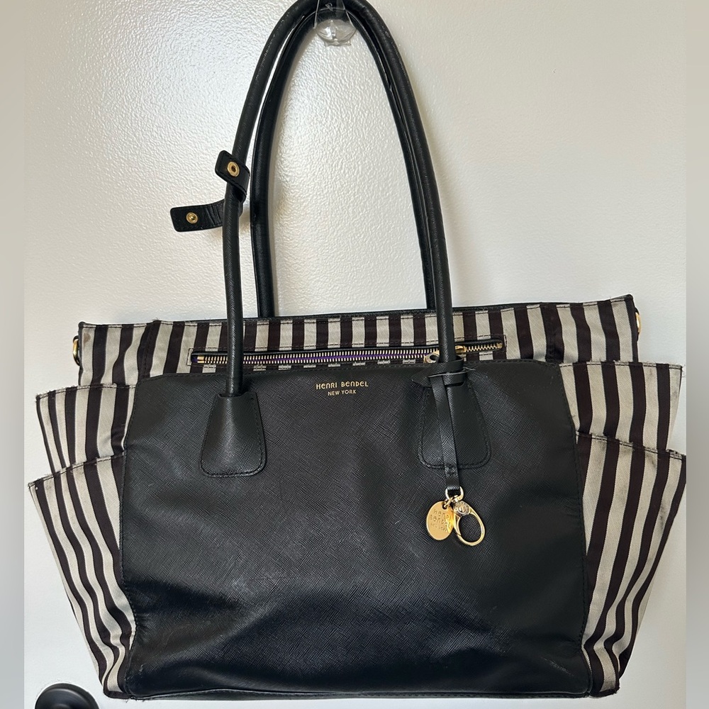 HENRI BENDEL West 57th Stripes Nylon/ Leather Large Diaper Baby Bag Satchel Tote
